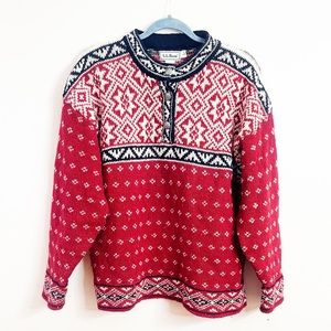 Vintage LL Bean Fair Isle Nordic wool sweater Womens Sz L red black pattern EUC